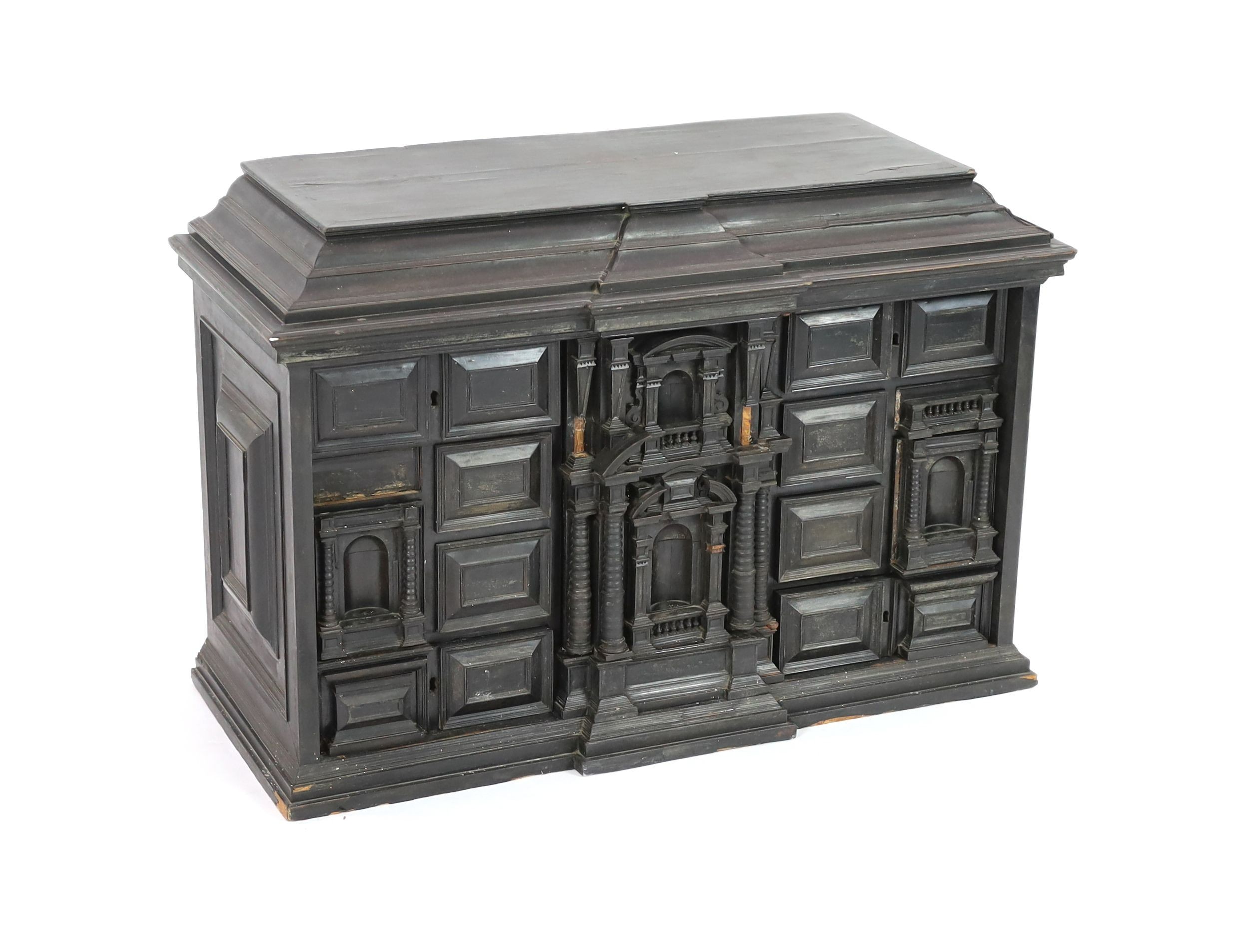 An early 18th century Portuguese ebonised table cabinet, width 87cm, depth 38cm, height 57cm